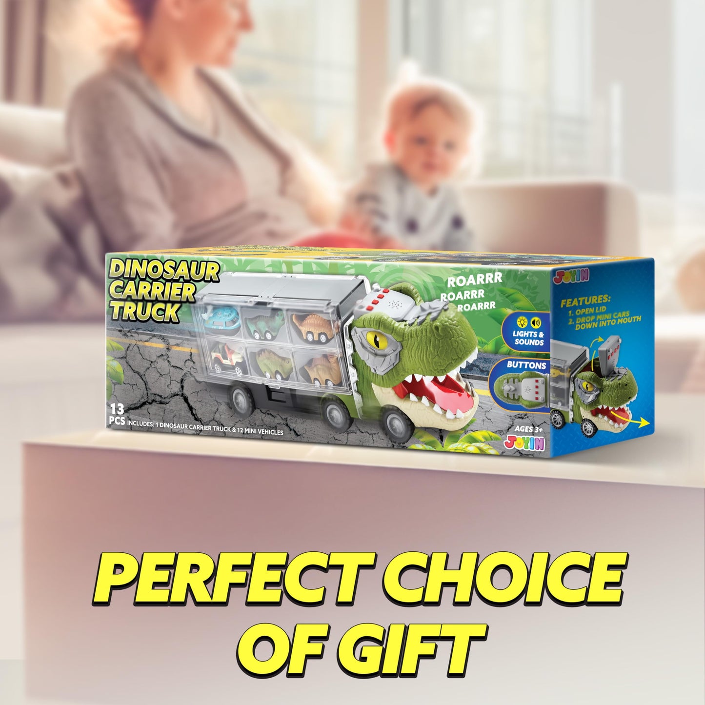 13 in 1 Dinosaur Truck Toys for Kids, Dinosaur Truck with Light & Sound, Including 12 Pull Back Cars, Great Christmas and Birthday Gifts Toy for Boy 3 4 5