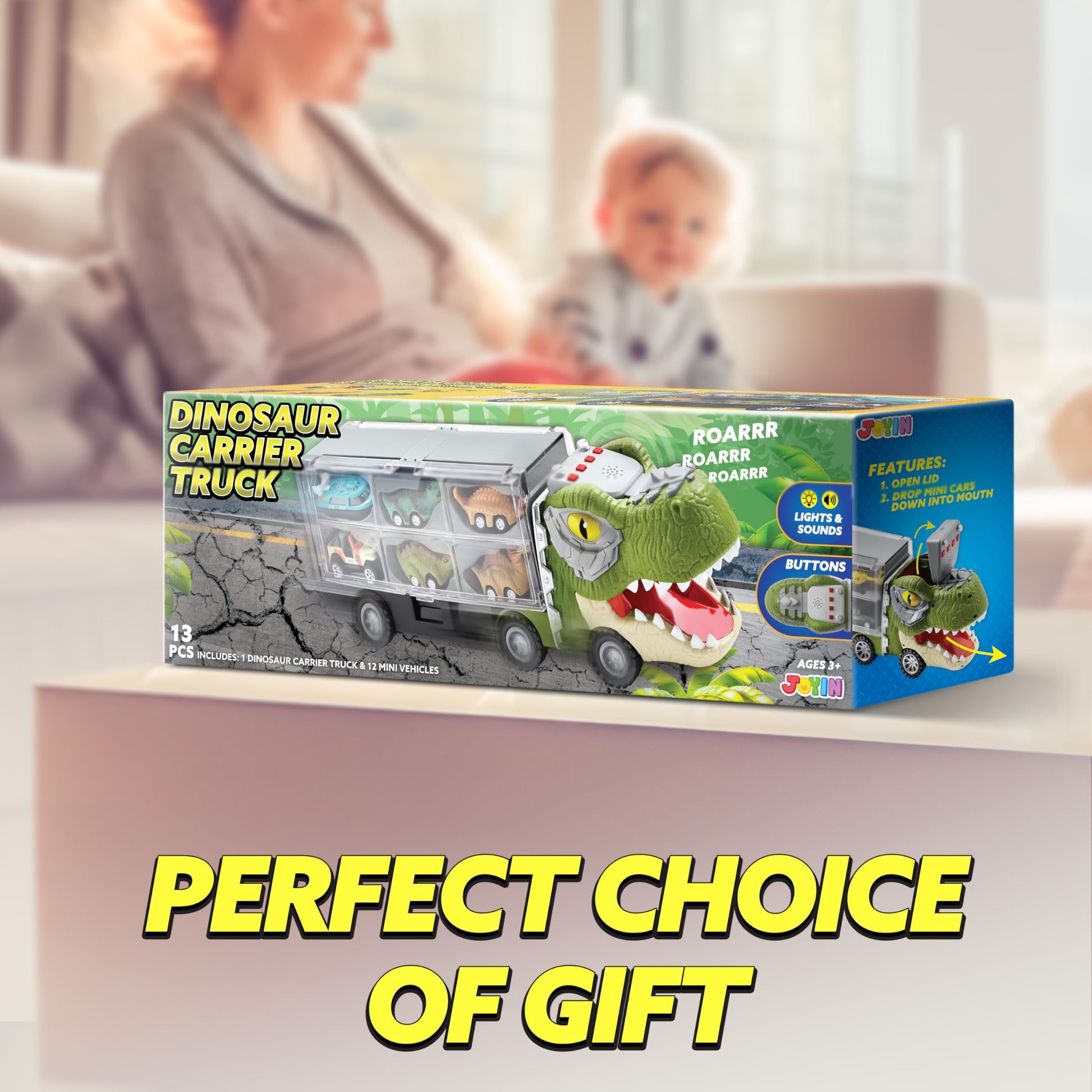 13 in 1 Dinosaur Truck Toys for Kids, Dinosaur Truck with Light & Sound, Including 12 Pull Back Cars, Great Christmas and Birthday Gifts Toy for Boy 3 4 5