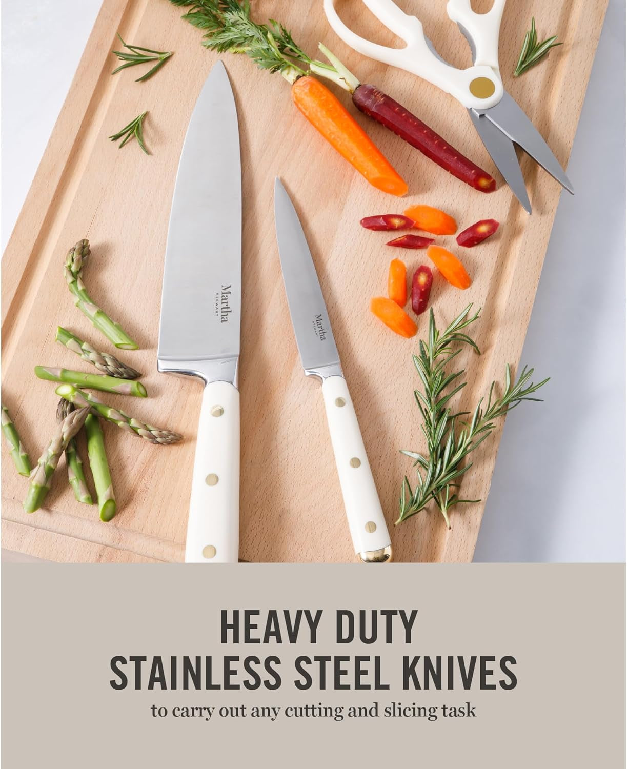 16 Piece Lockton High Carbon Stainless Steel Cutlery Kitchen Knife Block Set W/ABS Tripe Riveted Forged Handle Acacia Wood Block - Linen White W/Gold