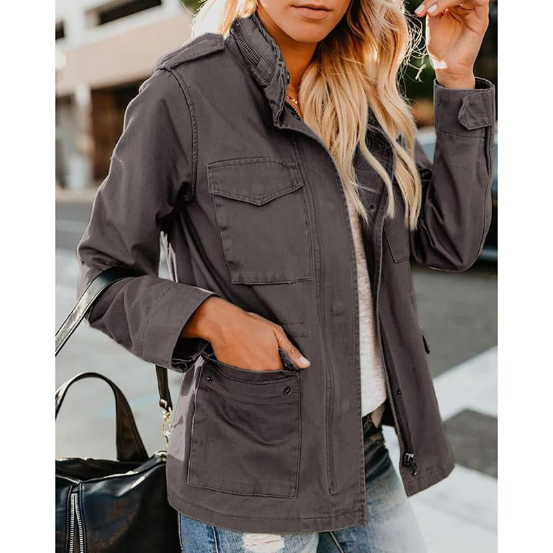 Yousify Womens Military Jacket Zip up Snap Buttons Lightweight Utility Anorak Field Safari Coat Outwear with Pocket