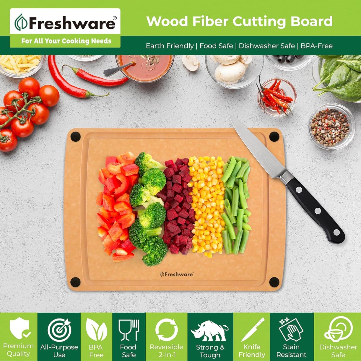 Wood Cutting Board for Kitchen, Juice Groove, Non-Slip Silicone Feet, Dishwasher Safe, Medium, 12" X 9", Natural