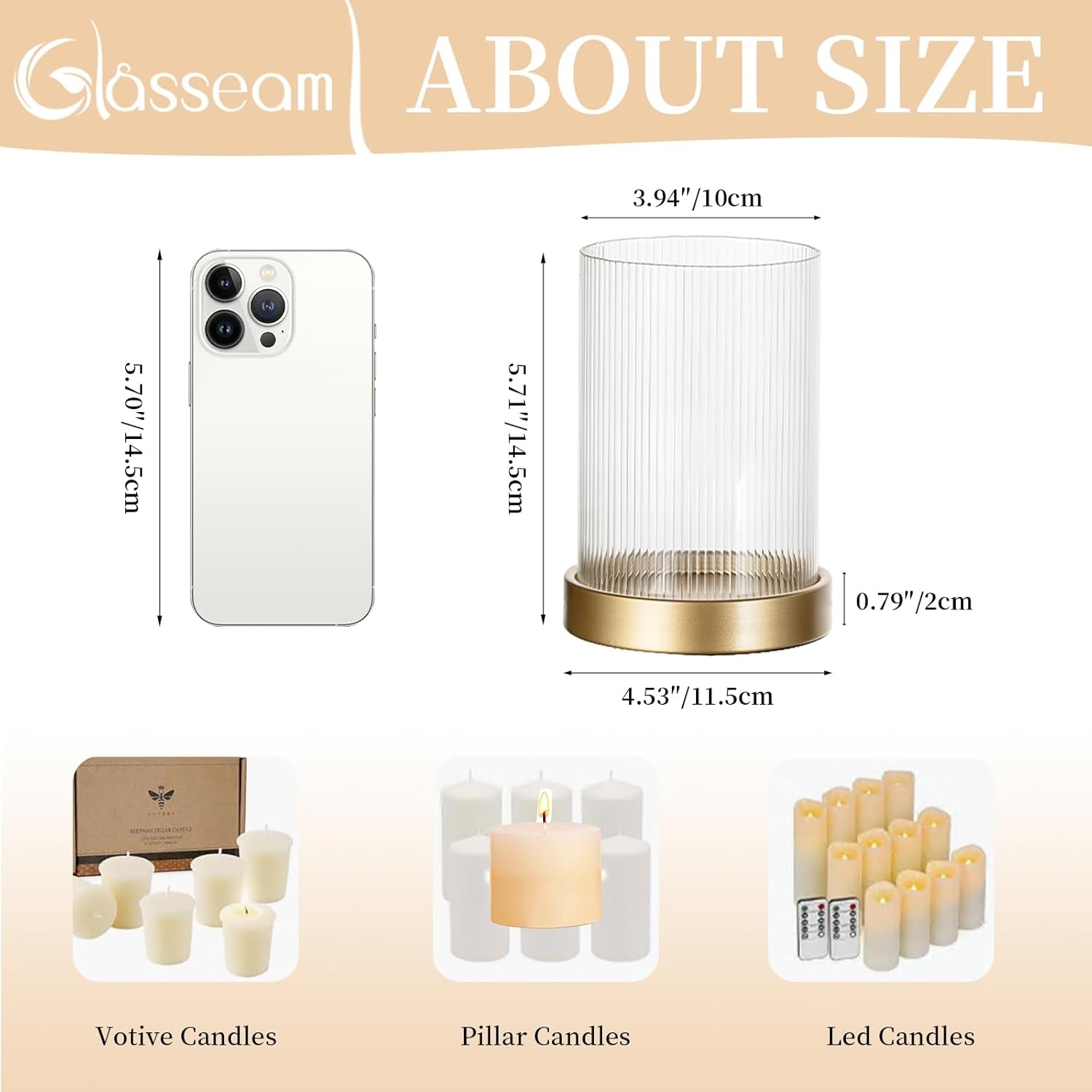 Hurricane Glass Candle Holder: Gold Pillar Candle Holders Set of 2 Ribbed Glass Cylinder Covers with Metal Candle Tray Modern Candle Holders for Table Centerpiece Living Room Decorations