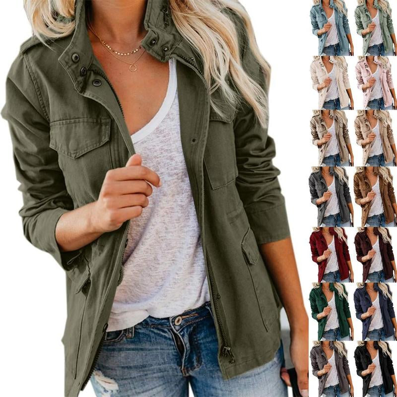 Yousify Womens Military Jacket Zip up Snap Buttons Lightweight Utility Anorak Field Safari Coat Outwear with Pocket