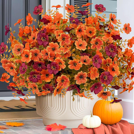 12Pc Artificial Fake Mums for Outdoors,Silk Fake Mums Flowers, Fall Flowers Artificial for Decoration,Outdoor Fake Plants for Door Porch Patio Planter Yard(Orange+Fuchsia)
