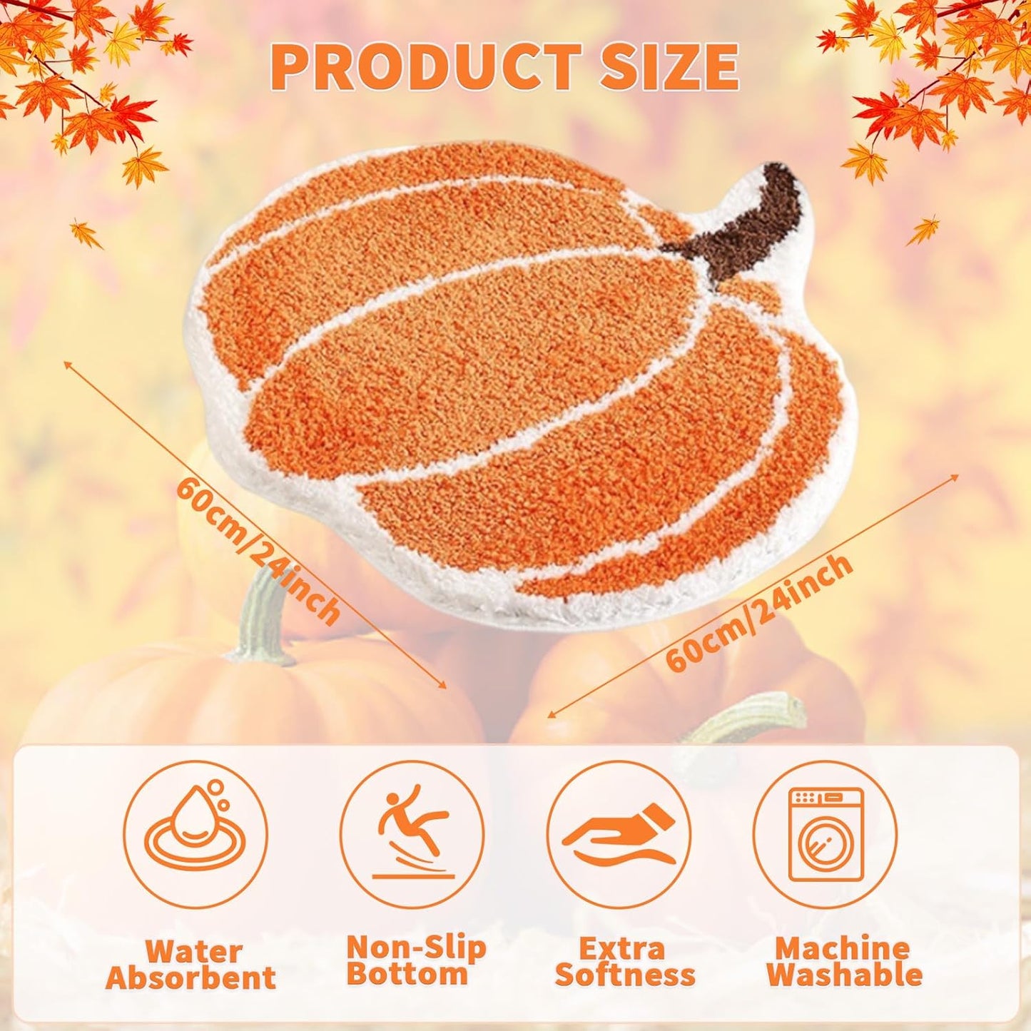 Cute Bath Mat, Pumpkin Bath Mat Halloween Bathroom Decor Mat, Extra Soft Fluffy Absorbent Non-Slip Bathtub Mat, Machine Washable Funny Pumpkin Shape Bath Rug for Shower Bedroom Door 24X24In (Orange)