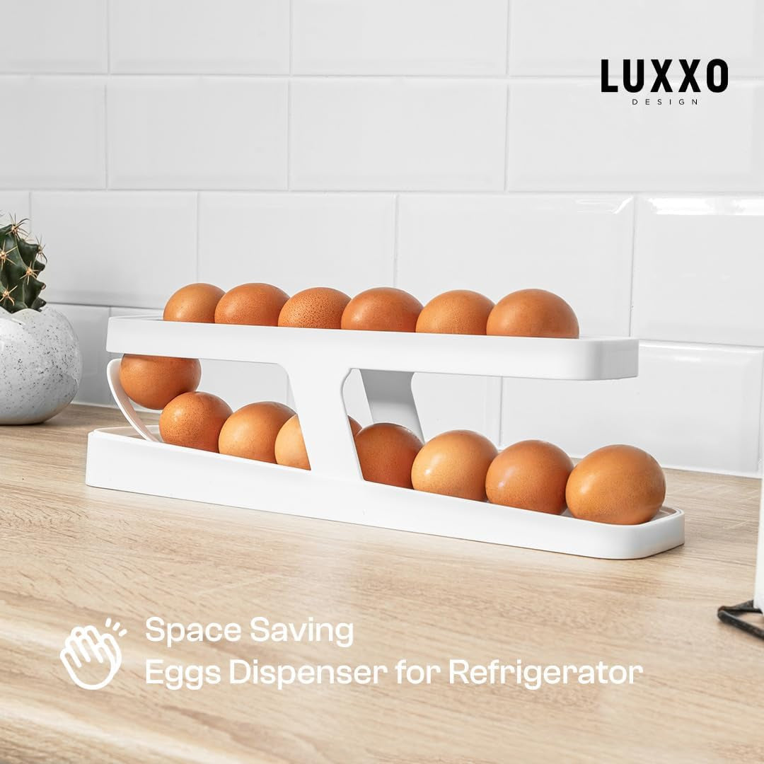 Egg Dispenser Egg Holder Space Saving Automatic Egg Storage Container Organizer for Refrigerator Space-Saving Rolling Eggs Dispenser and Organizer for Refrigerator Kichen Cabinet (White)