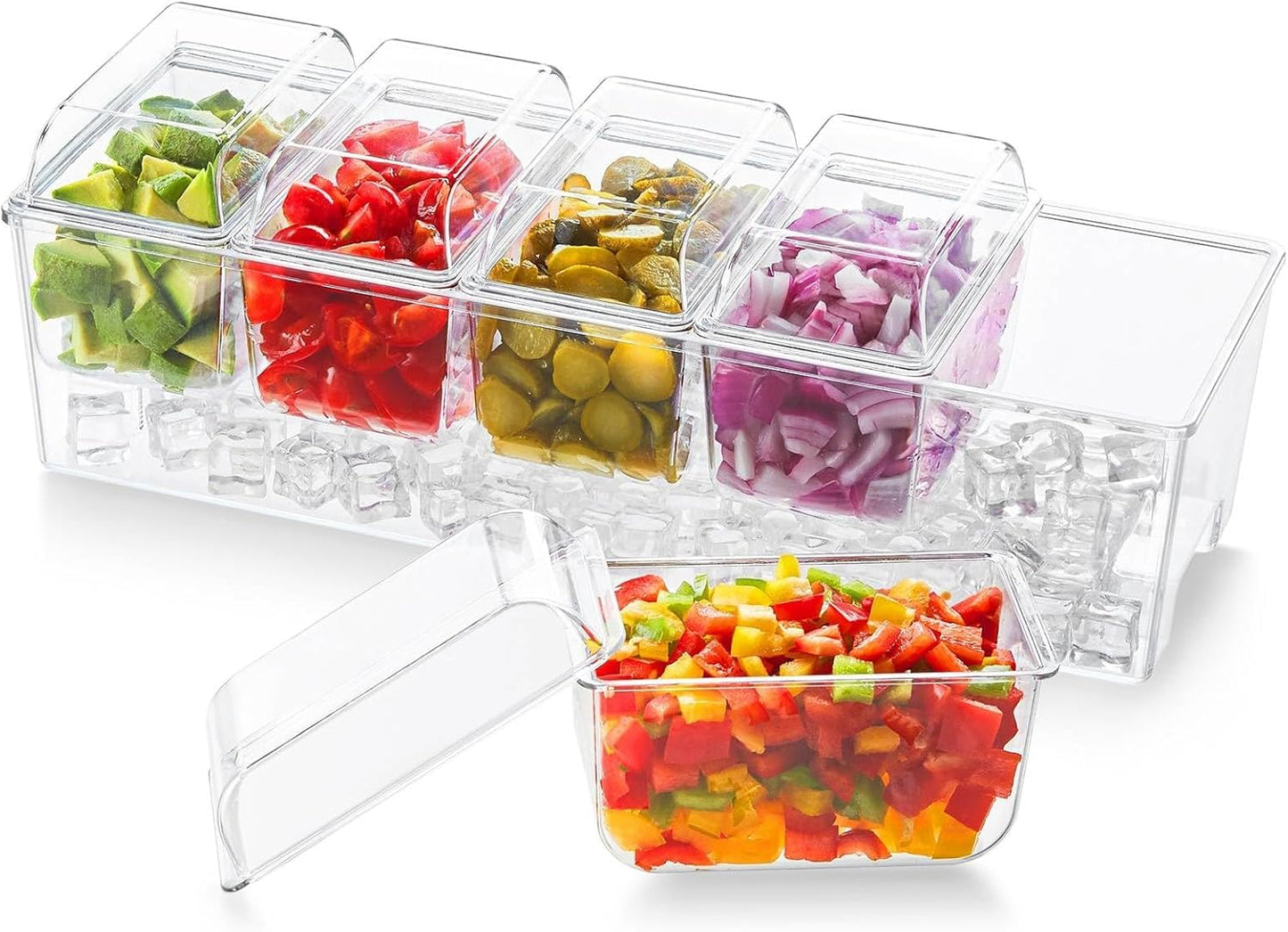 Ice Chilled Condiment Caddy with 5X 20Oz(2.5 Cup) Containers, 15.3" Condiment Server with Separate Lids, Serving Tray Platter with Removable Dishes for Bar, Fruit, Salad, Taco, Party Garnish