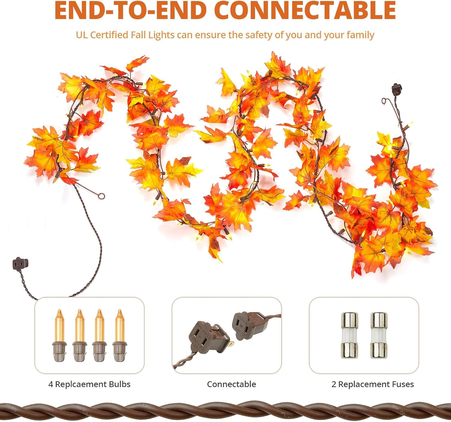 Fall Decorations for Home 9FT Plug in Thanksgiving Lights Lighted Fall Garland 50 Bulbs Maple Leaves Lights, Connectable Fall Light for Indoor Outdoor Halloween, Thanksgiving, Holidays Decorations