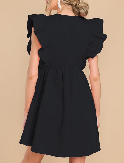 Women'S Summer Casual Babydoll Mini Dress Ruffle Sleeveless Deep V Neck Pleated Swing Flowy Tunic Dress