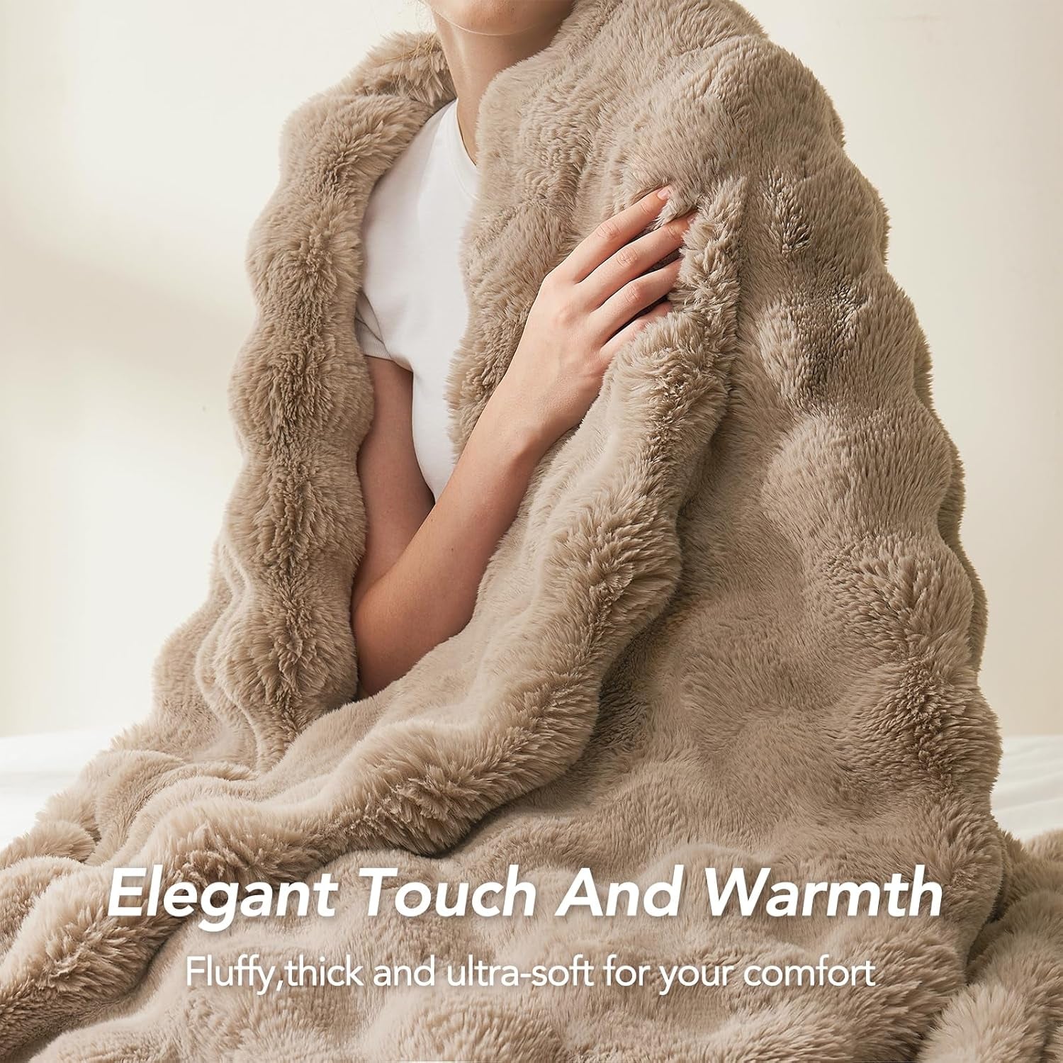 Faux Fur Throw Blanket: 50" X 60" Luxury Soft Fluffy Rabbit Fur Blankets Twin for Couch Bed Sofa - Cozy Plush Bubble Blankets for Winter: Flannel Fleece Decorative Blanket(Light Linen)