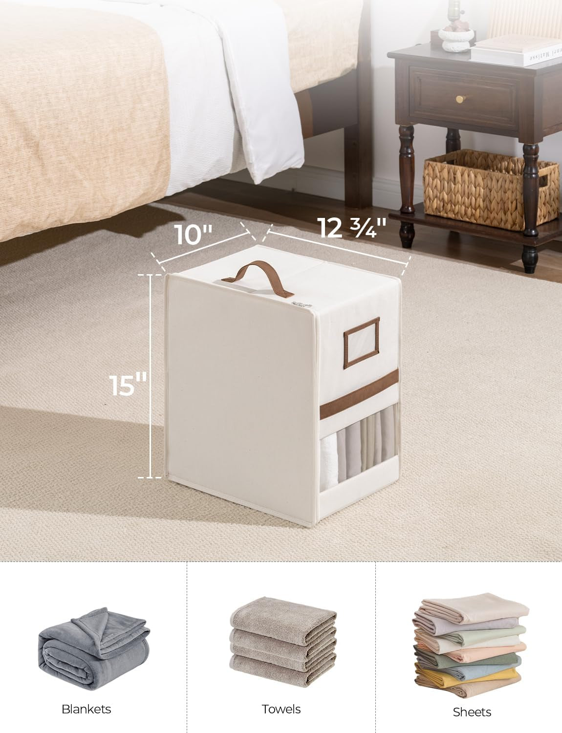 2-Pack Bed Sheet Organizers and Storage, Foldable Bedsheet Holder for Linen Closet, Bedding Container with Handle, Beige, 15" D X 12¾"W X 10" H