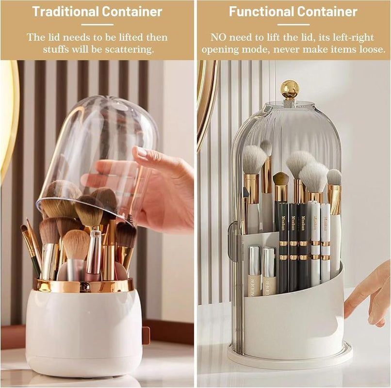 Makeup Brushholder Organizer with Cover 360 Rotating Clear Dustproof Waterproof 3 Slots Bathroom Countertop Organizer for Vanity Makeup & Toothbrush Holder Grey White Cartoon Pattern