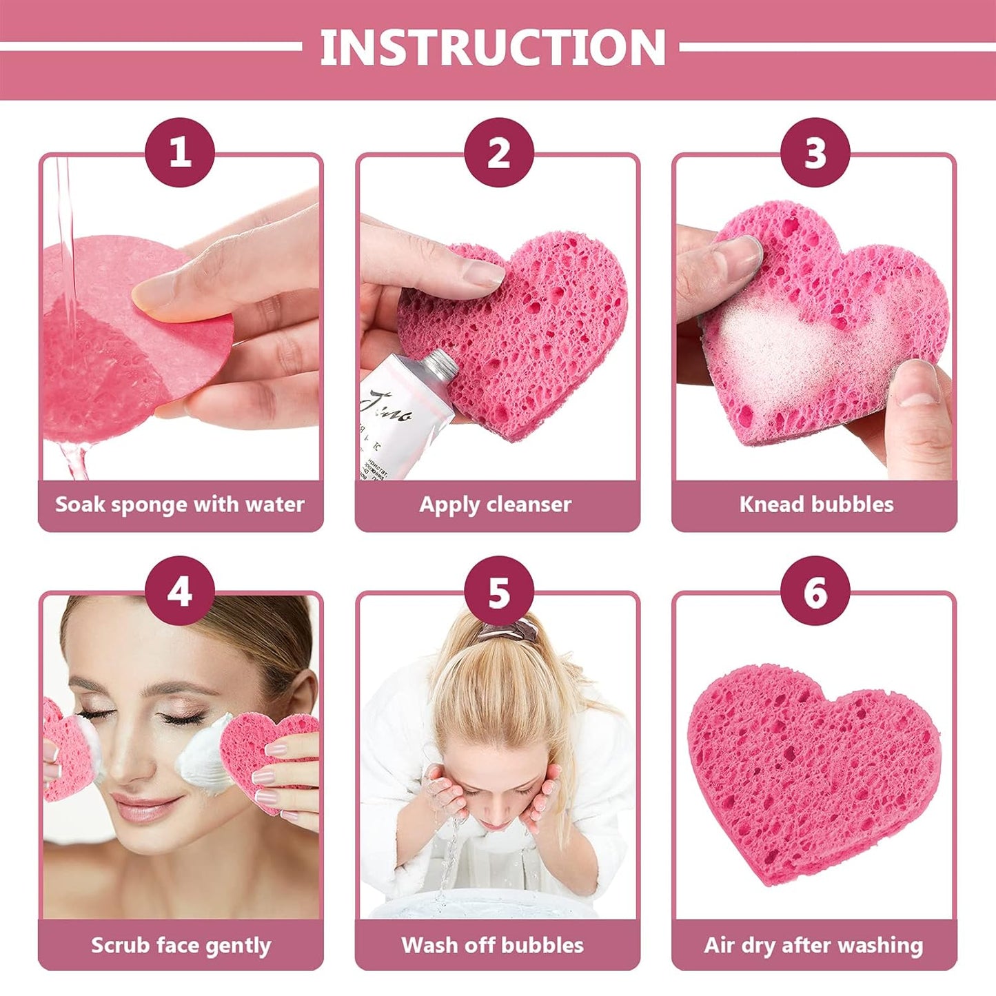 60 Pieces Facial Sponges with Container, Heart Shape Compressed Face Sponges Natural Cleaning Pads for Washing Face Cleaning Exfoliating Esthetician Makeup Removal(Pink)