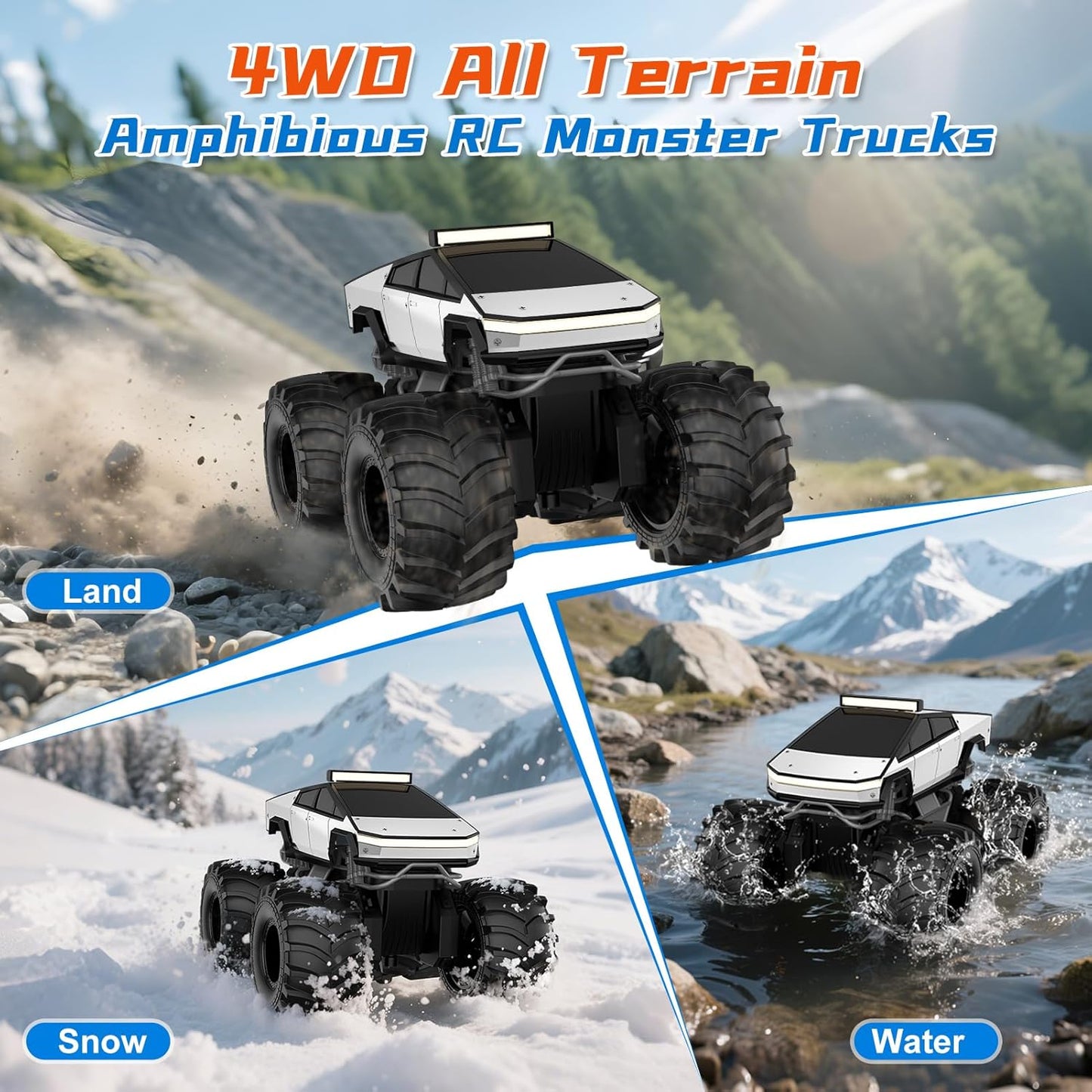 Amphibious Remote Control Car, 1:18 Monster Truck Toys for Boys RC Cars, 2.4 Ghz Waterproof RC Trucks, 4WD All Terrain Off-Road Pickup, Kids Christmas Birthday Gifts Present Boys Girls Toys Ages 6+