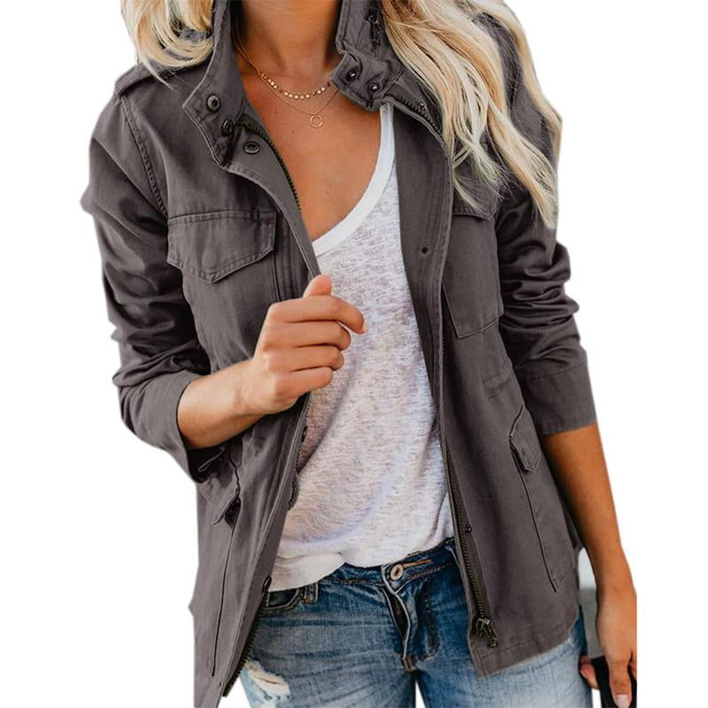 Yousify Womens Military Jacket Zip up Snap Buttons Lightweight Utility Anorak Field Safari Coat Outwear with Pocket