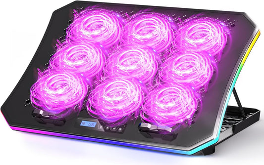 Laptop Cooling Pad, Gaming Laptop Fan Cooling Pad with 9 Quiet Fans, RGB Laptop Cooler for 15.6-17.3 Inch, Cooling Pad for Laptop with 7 Height Stands, 2 USB Ports, Phone Stand-Purple