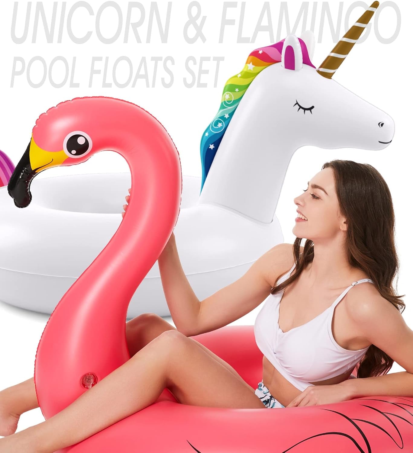 Inflatable Unicorn Flamingo Pool Floats -  2 Pack Pool Floaties Inflatables Rafts for Swimming Pool Tubes for Floating Lake Beach Floaty Swim Rings Pool Party Toys for Adults Kids
