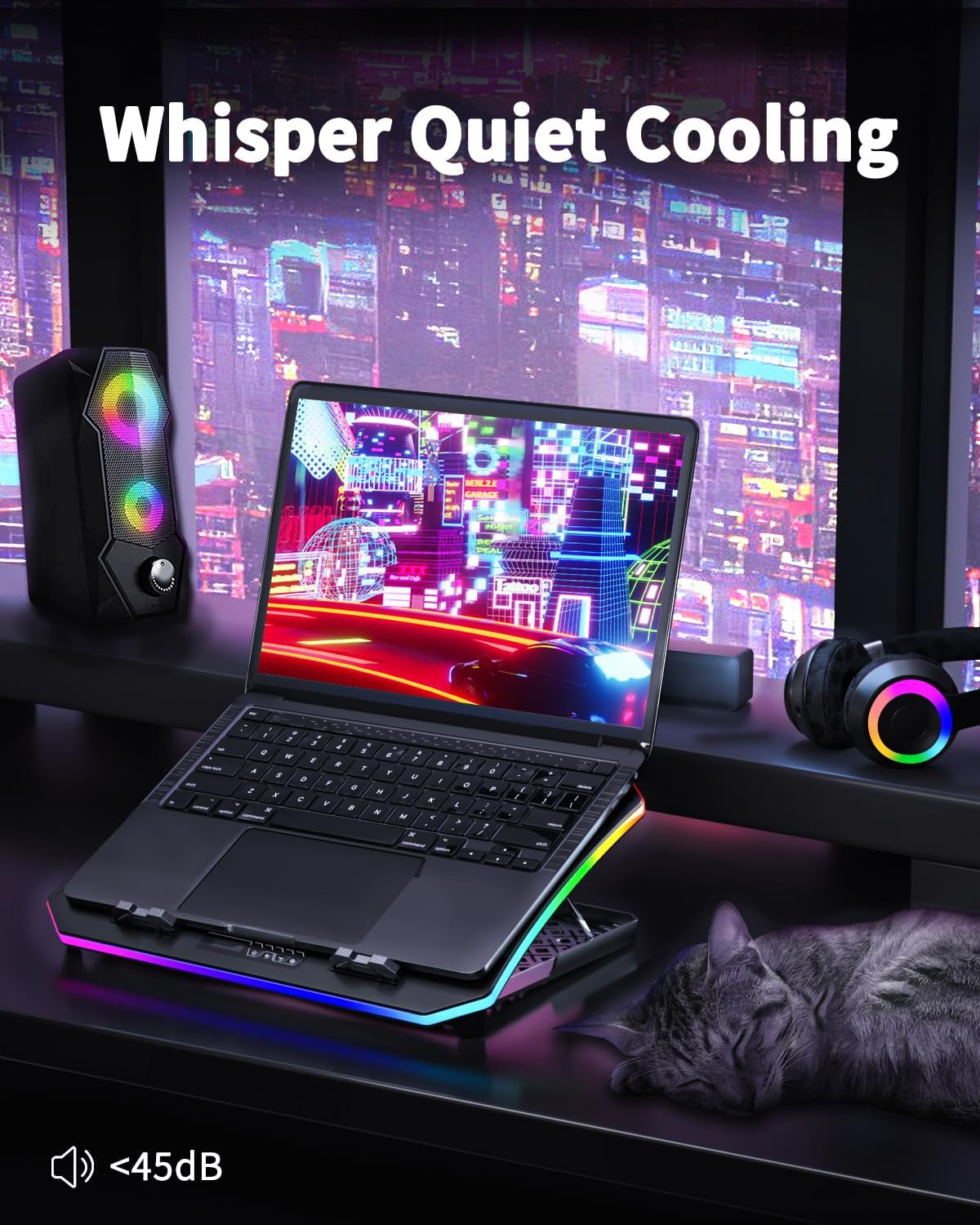 Laptop Cooling Pad, Gaming Laptop Fan Cooling Pad with 9 Quiet Fans, RGB Laptop Cooler for 15.6-17.3 Inch, Cooling Pad for Laptop with 7 Height Stands, 2 USB Ports, Phone Stand-Purple