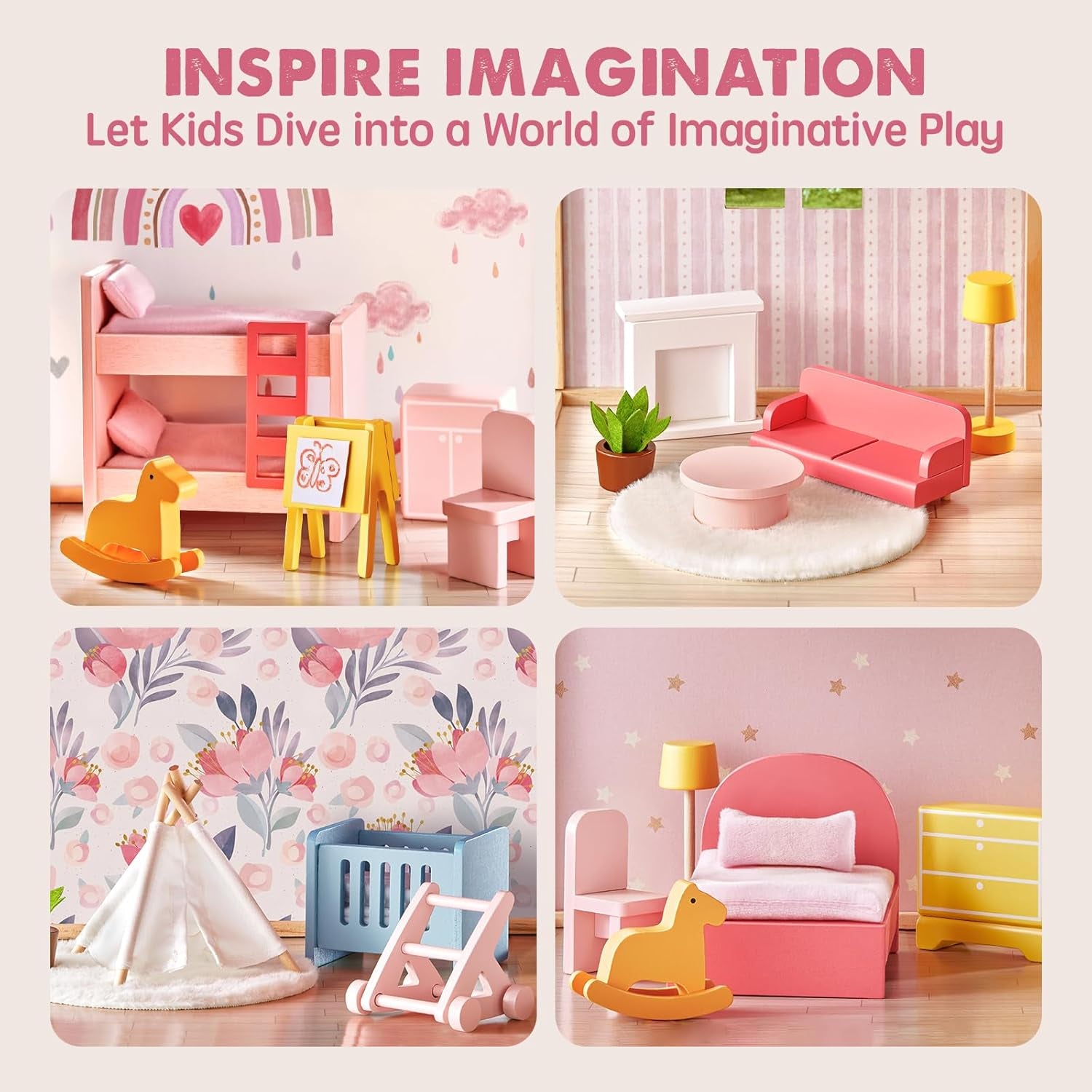 Wooden Dollhouse for Girls - 6 Rooms Wooden Doll House, DIY Pretend Doll House with 31Pcs Furniture Accessories, Creative Gift for Girl Ages 3+