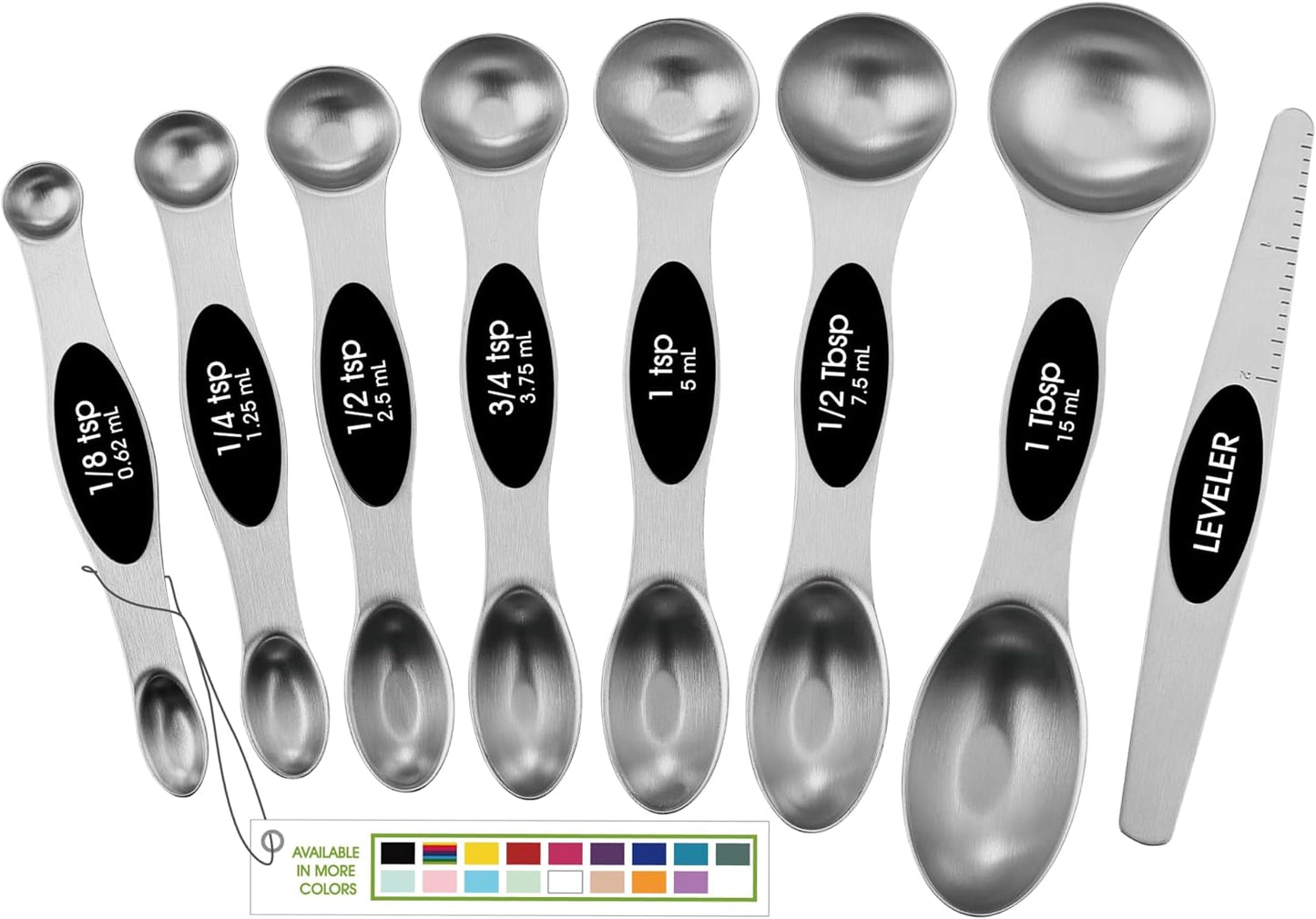 Stainless Steel Magnetic Measuring Spoons Set with Strong N45 Magnets, Heavy Duty Metal Kitchen Gadgets for Baking & Cooking, Fits in Most Kitchen Spice Jars, Set of 8 with Leveler, Black