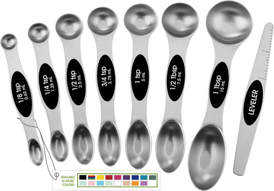 Stainless Steel Magnetic Measuring Spoons Set with Strong N45 Magnets, Heavy Duty Metal Kitchen Gadgets for Baking & Cooking, Fits in Most Kitchen Spice Jars, Set of 8 with Leveler, Black