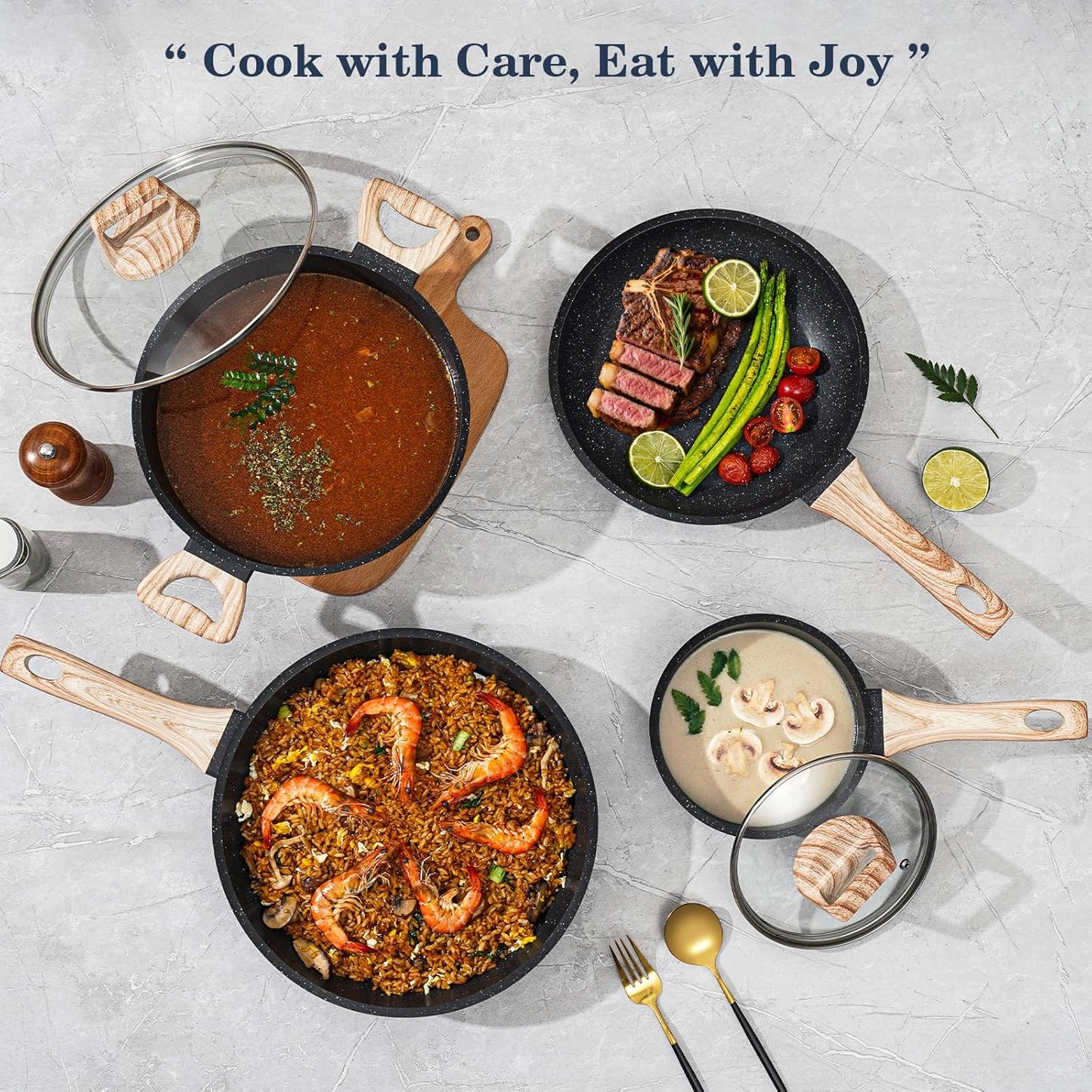 12 Pcs Pots and Pans Set, Nonstick Cookware Sets Black Granite Induction Cookware, Non-Toxic Healthy Non Stick Kitchen Cooking Set with Frying Pans Set, Saucepans,Steamer (PFAS, PFOA, PFOS Free)