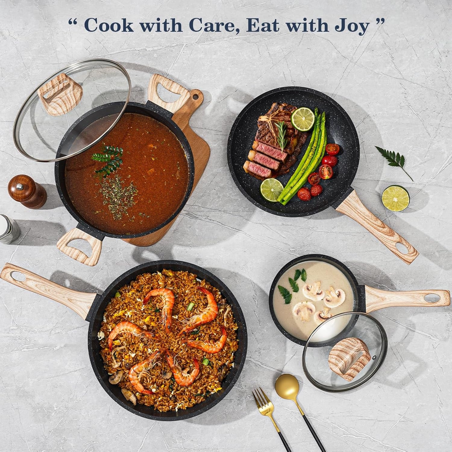 12 Pcs Pots and Pans Set, Nonstick Cookware Sets Black Granite Induction Cookware, Non-Toxic Healthy Non Stick Kitchen Cooking Set with Frying Pans Set, Saucepans,Steamer (PFAS, PFOA, PFOS Free)