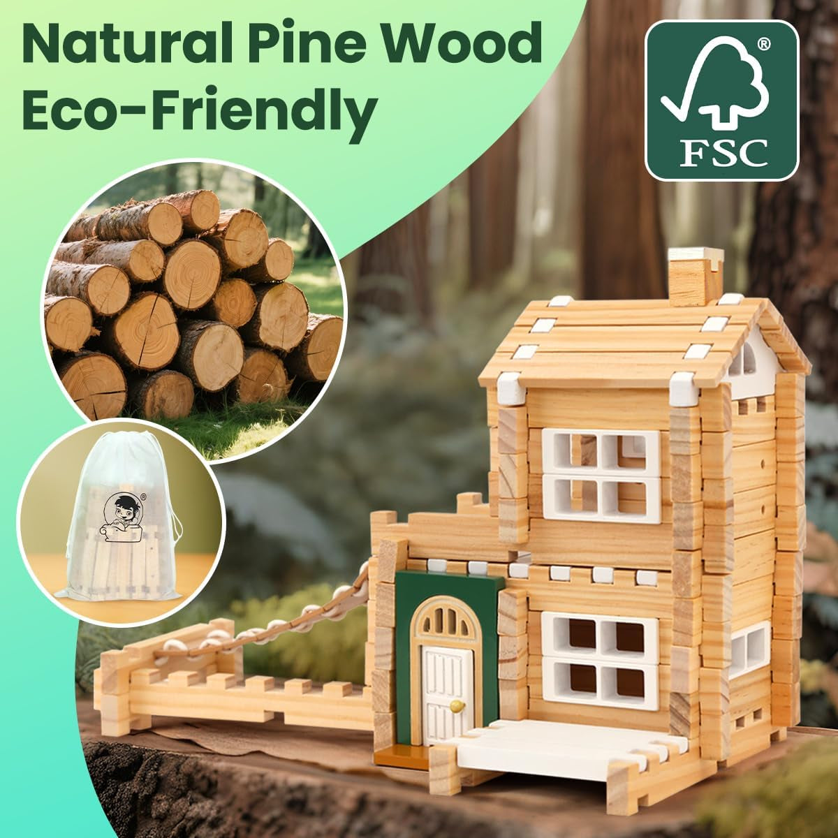 ＆Notchies 107 Pcs Wooden Blocks Toys with Door and Windows,Classic Old Fashioned Toys,Wooden Building Blocks for Kids Ages 4-8 Boys and Girls, (No Printed Manual)