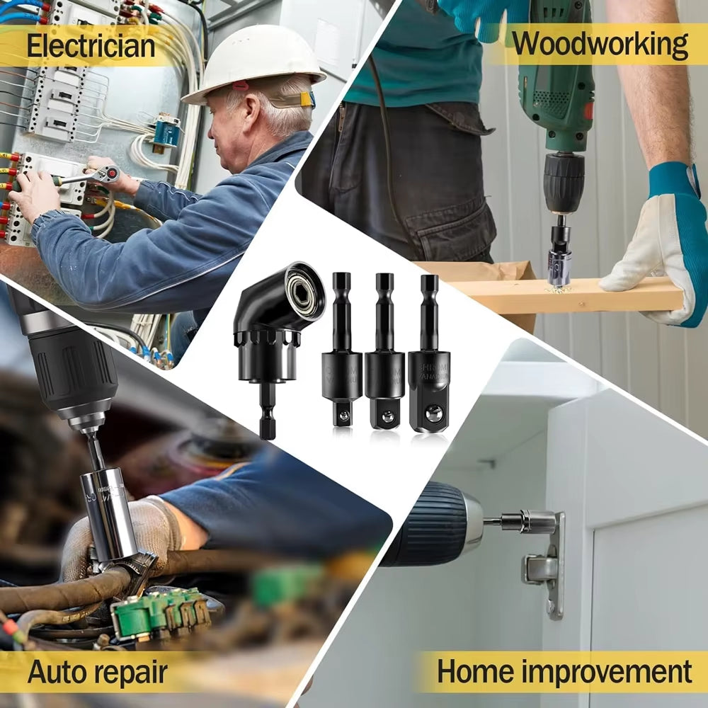 105° Right Angle Drill Adapter with 1/4" 3/8" 1/2" Impact Grade Socket Adapter 360° Rotation for Household Workplace Industry