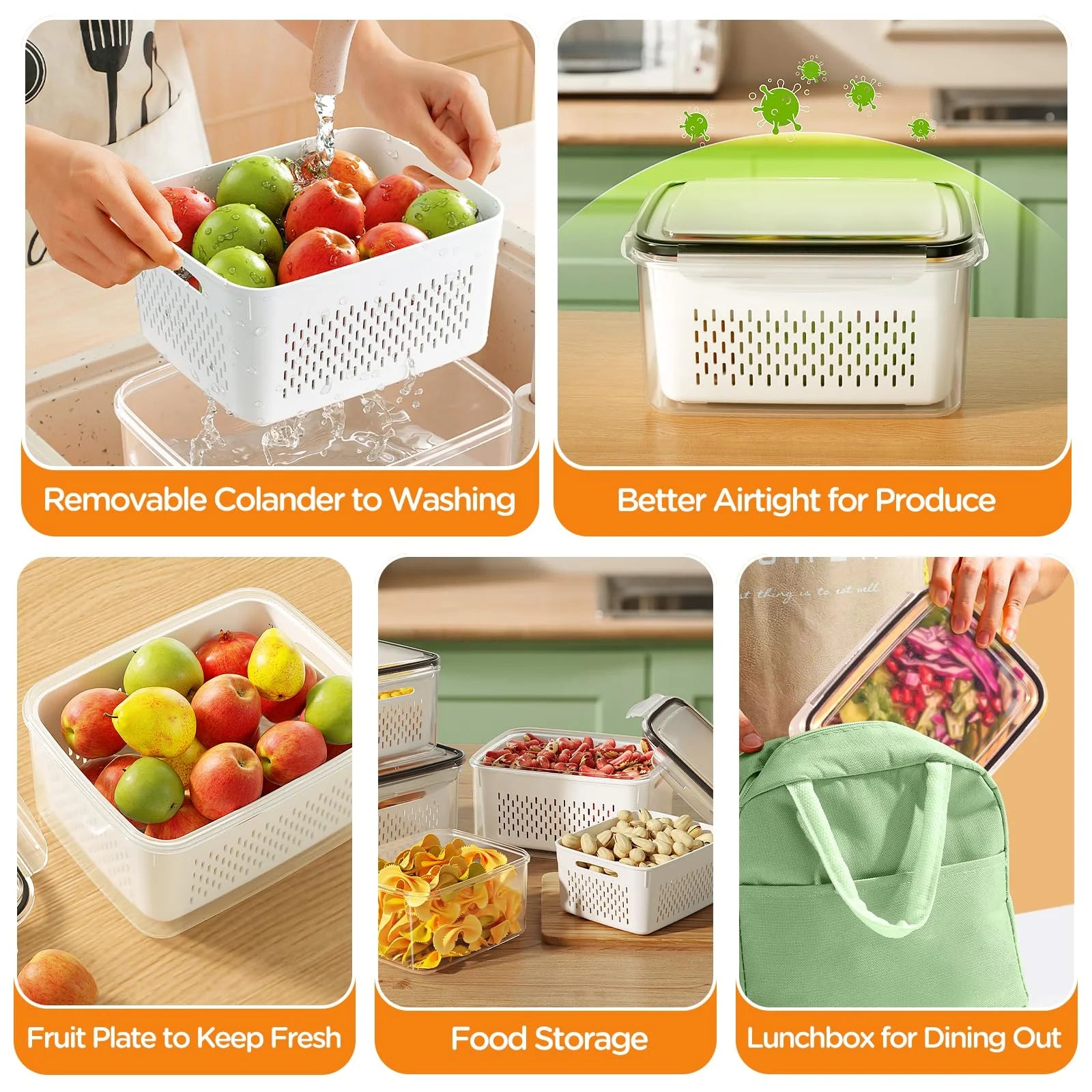 5 Pack Fruit Storage Containers for Fridge with Removable Colanders and Lids, 5 in 1 Leakproof Fridge Organizer Bins for Salad Berry Lettuce Vegetables Meat Keeper Fresh