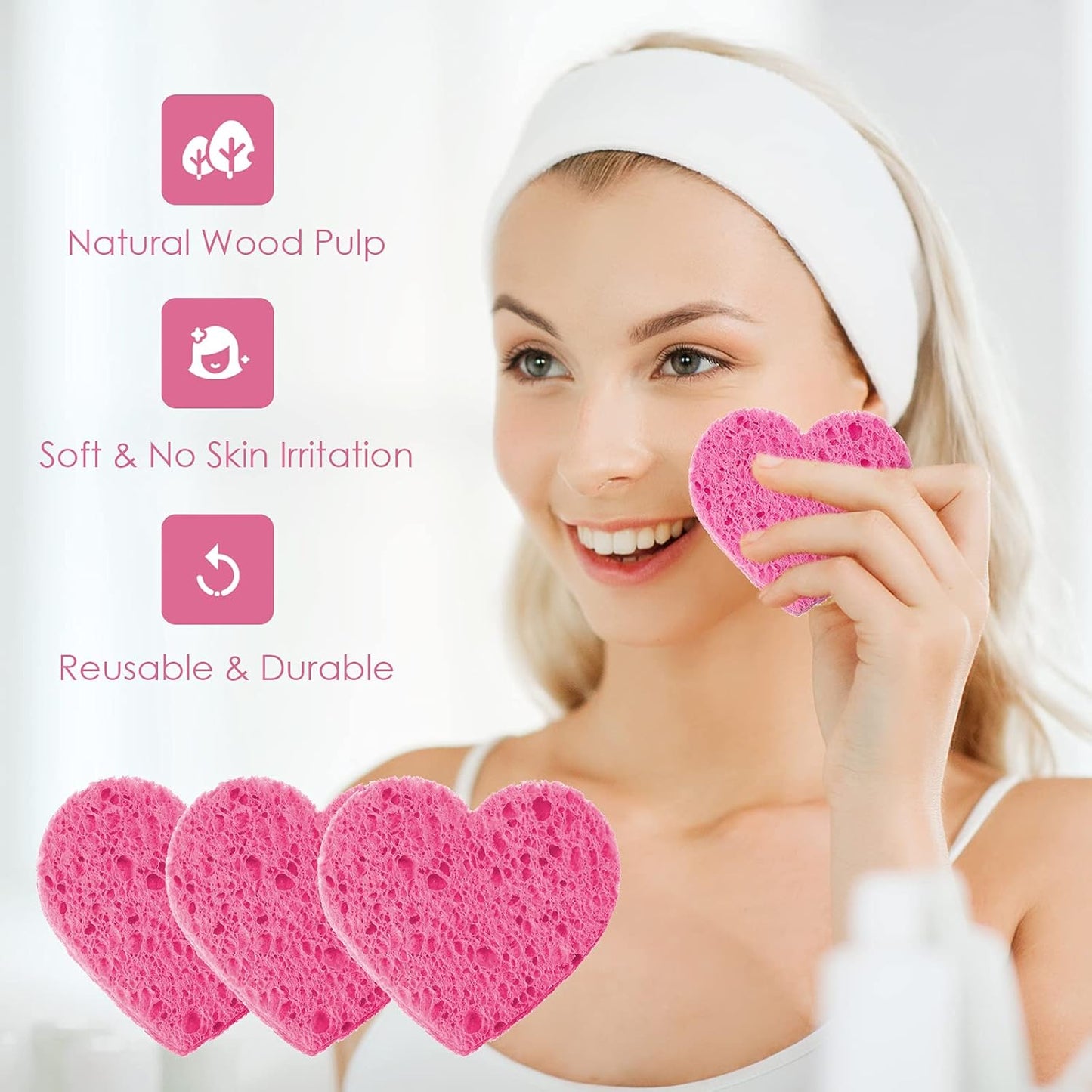 60 Pieces Facial Sponges with Container, Heart Shape Compressed Face Sponges Natural Cleaning Pads for Washing Face Cleaning Exfoliating Esthetician Makeup Removal(Pink)
