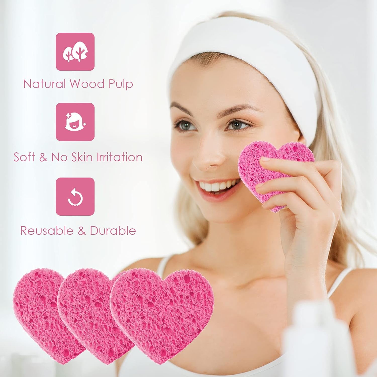 60 Pieces Facial Sponges with Container, Heart Shape Compressed Face Sponges Natural Cleaning Pads for Washing Face Cleaning Exfoliating Esthetician Makeup Removal(Pink)