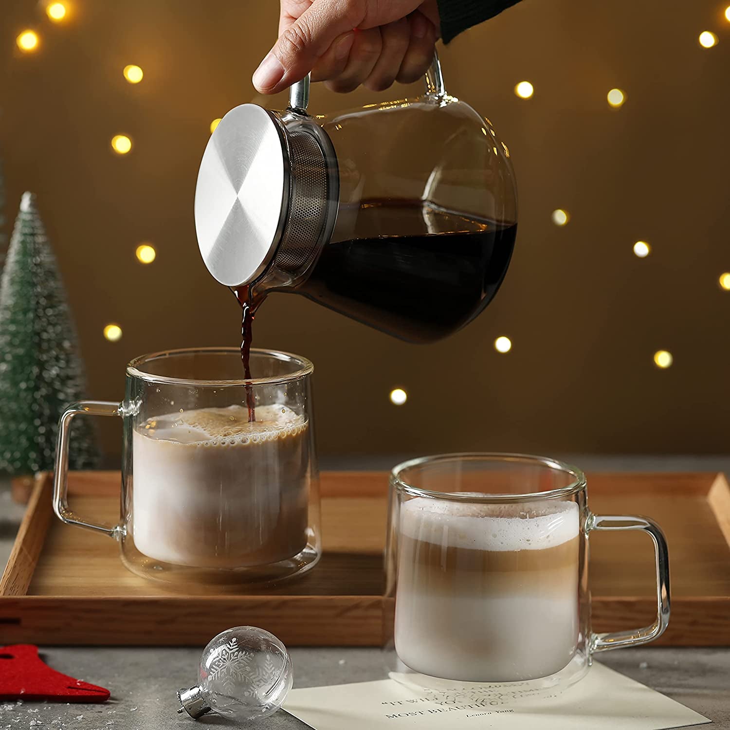 12Oz Glass Coffee Mugs,Double Wall Insulated Glass Cups with Handle,Clear Espresso Mugs for Latte,Cappuccino,Tea Bag,Set of 2