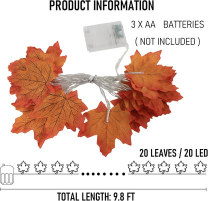 2 Pack Thanksgiving Maple Leaf String Lights, Total 20FT 40 LED Battery Operated Lighted Fall Leaves Garland, Halloween Decorations for Indoor Outdoor Autumn Harvest Decor