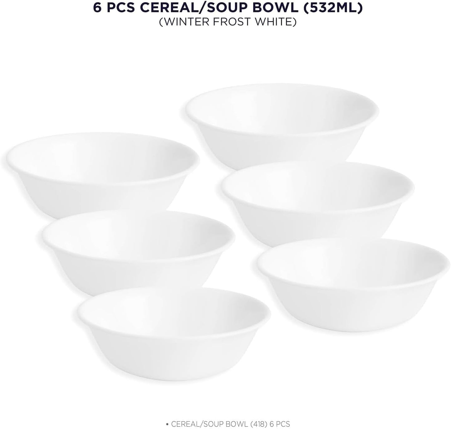 Vitrelle 6-Piece Soup/Cereal Bowl Set Triple Layer Glass and Chip Resistant, 18-Oz Lightweight round Bowls, Winter Frost White