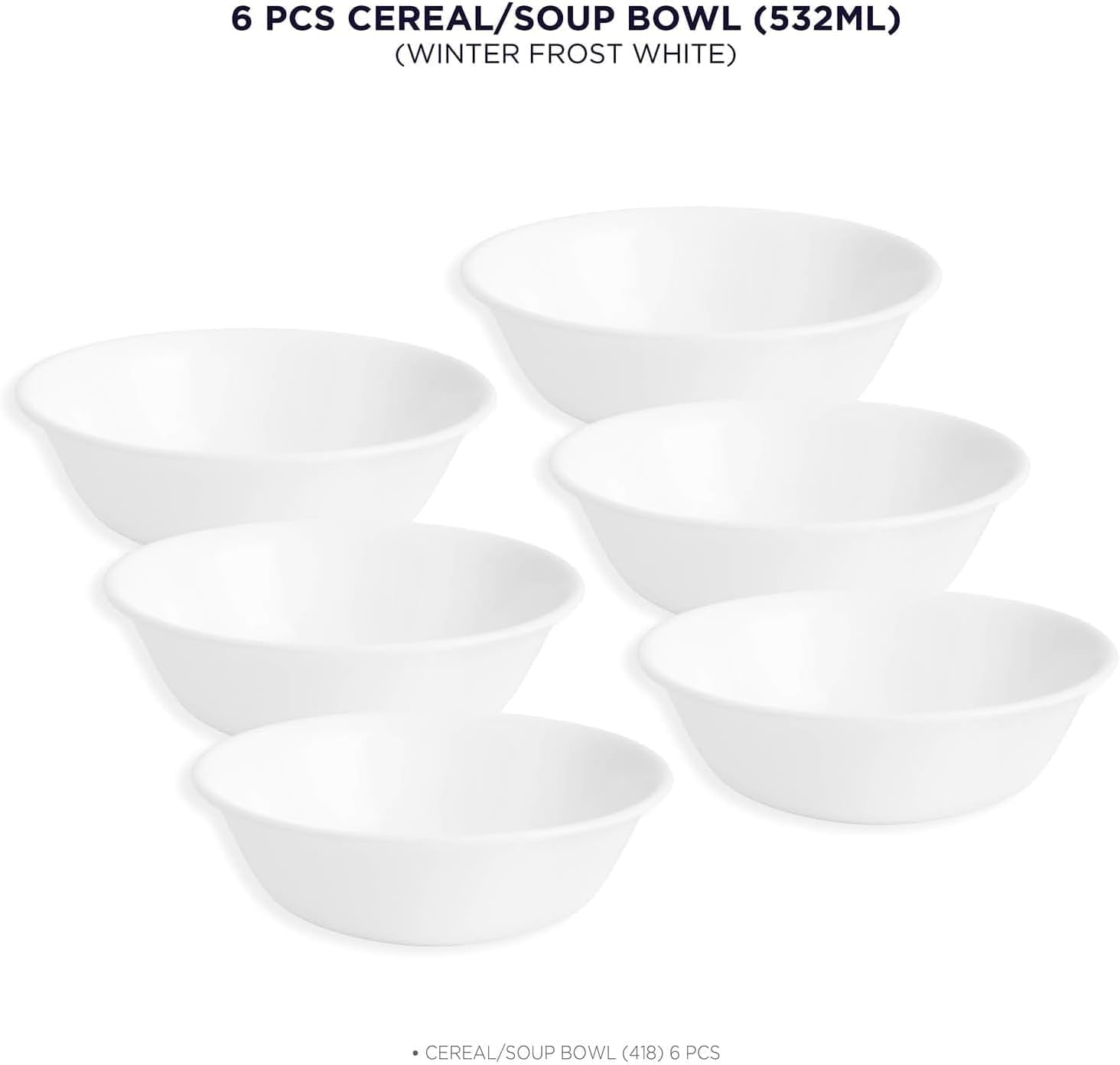 Vitrelle 6-Piece Soup/Cereal Bowl Set Triple Layer Glass and Chip Resistant, 18-Oz Lightweight round Bowls, Winter Frost White