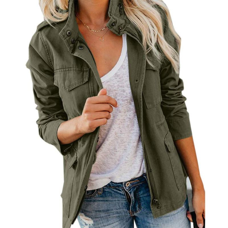 Yousify Womens Military Jacket Zip up Snap Buttons Lightweight Utility Anorak Field Safari Coat Outwear with Pocket