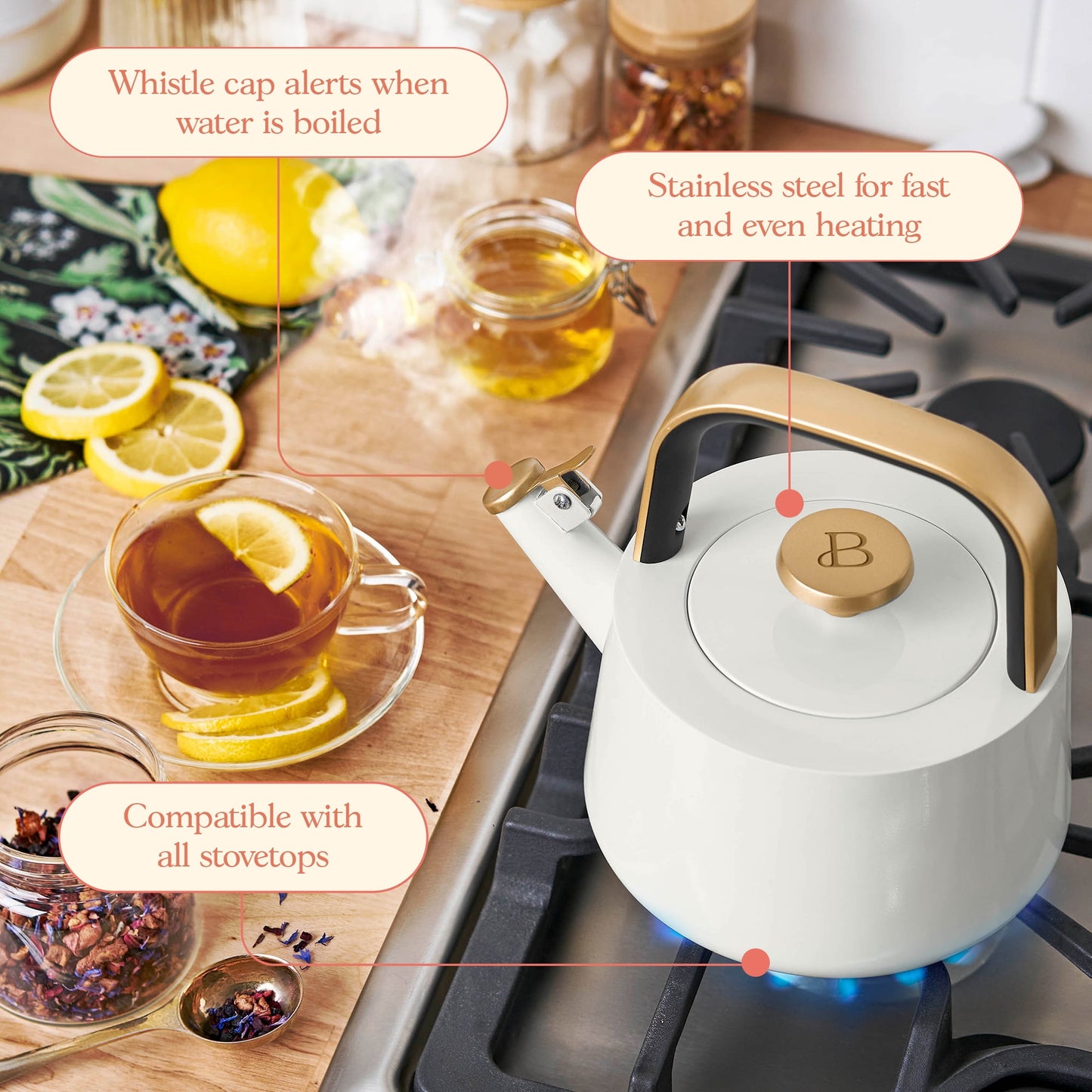1.8L Ceramic Non-Stick Stovetop Tea Kettle, White Icing by Drew Barrymore