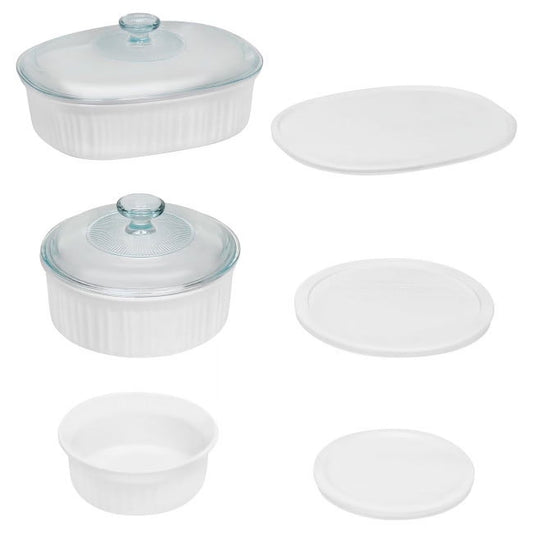 French White 8-Piece Ceramic Stoneware Casserole Set with Glass and Plastic Lids, round & Oval