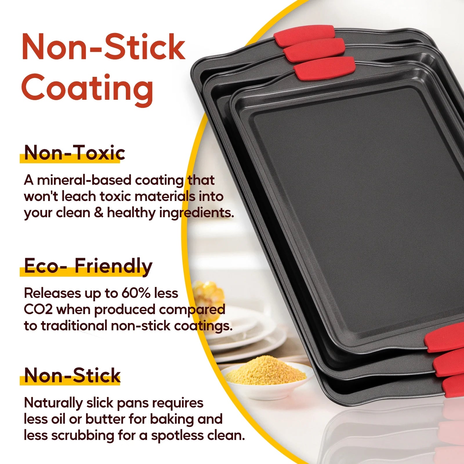 3-Piece Nonstick Carbon Steel Bakeware Set with Silicone Handles, Black