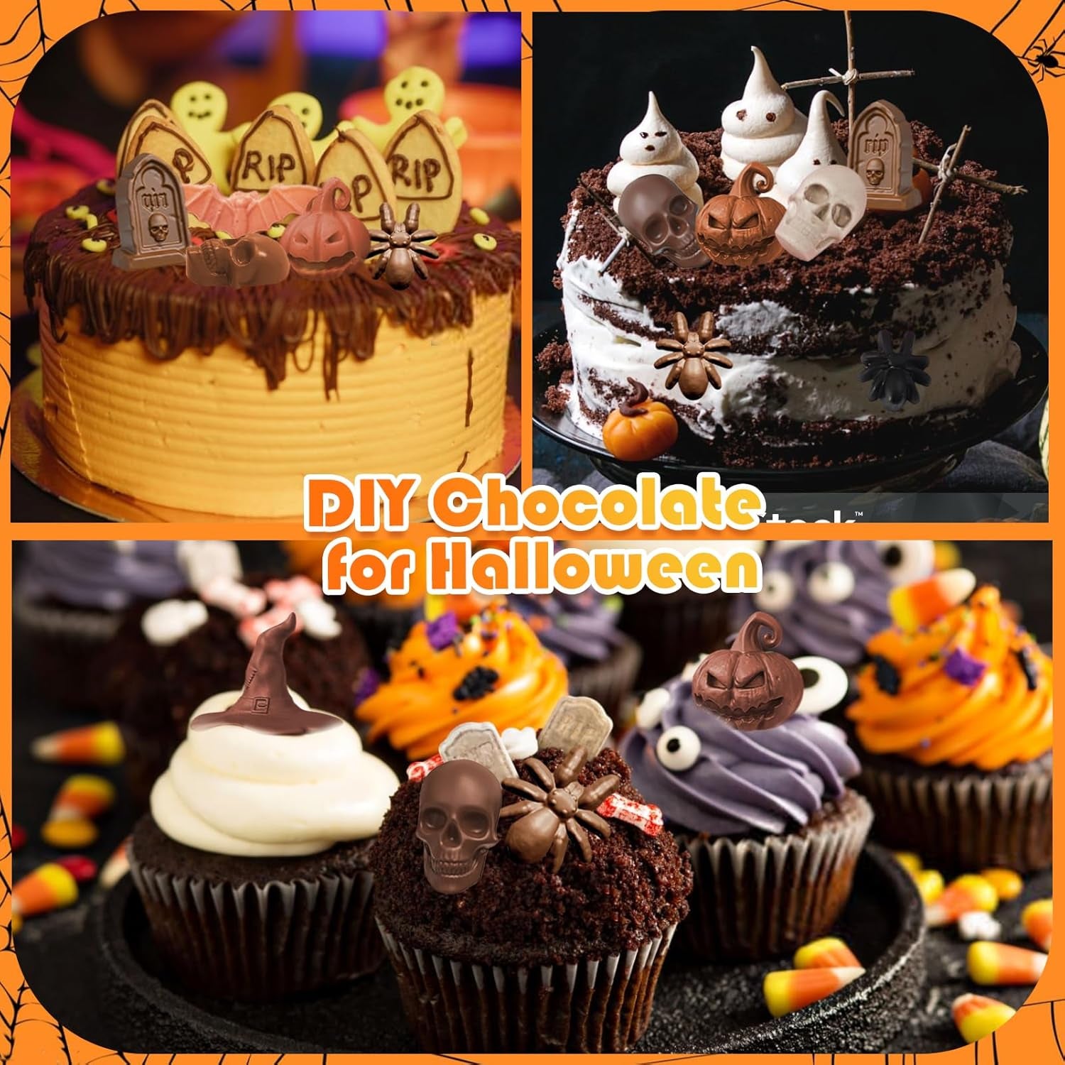 2-Pack Halloween Chocolate Molds, 18-Cavity Spider Skull Silicone Molds + 60 Foil Wrappers – DIY Candy, Chocolate & Treats