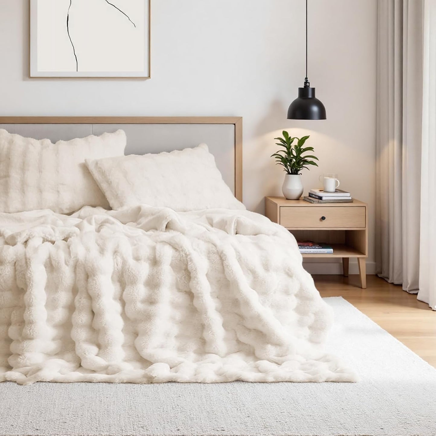 Faux Fur Throw Blanket Cream White - Big Bubble Rabbit Fluff Blanket for Couch, Small Fluffy Fuzzy Cozy Blanket, Thick Furry Plush Shaggy Blankets, 50X60 Inches