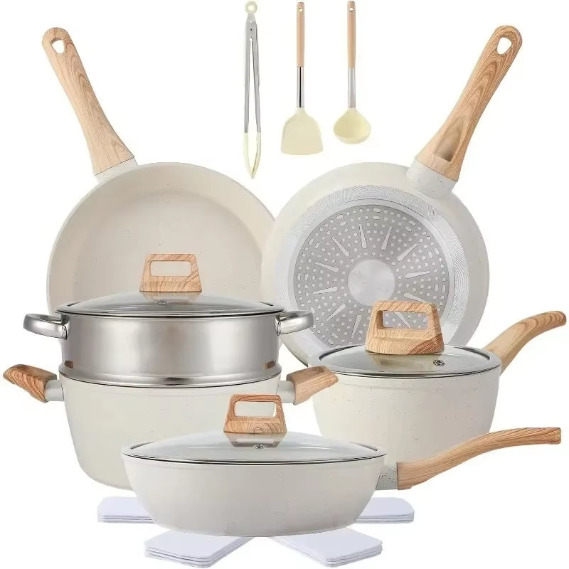 HOME Tool 16PCS Pots and Pans Set Non Stick Cookware Set Nonstick with Cooking Set (White, 16Pieces) Free Delivery