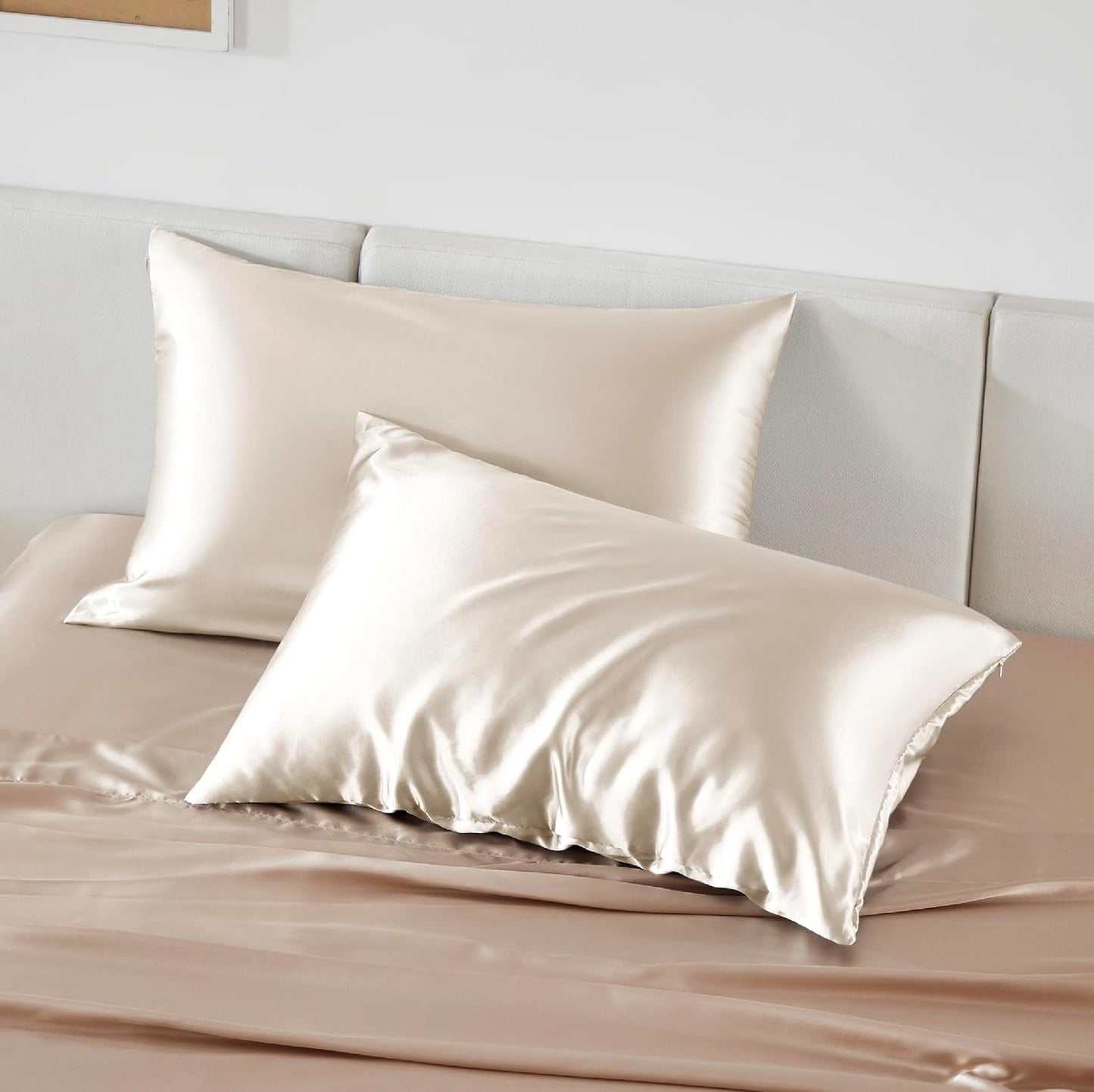 Satin Pillowcase for Hair - Beige Satin Pillow Cases Standard Size with Zipper 2 Pack, Similar to Silk Pillow Cases for Skin, Silky & Soft, Gifts for Women Men, 20X26 Inches