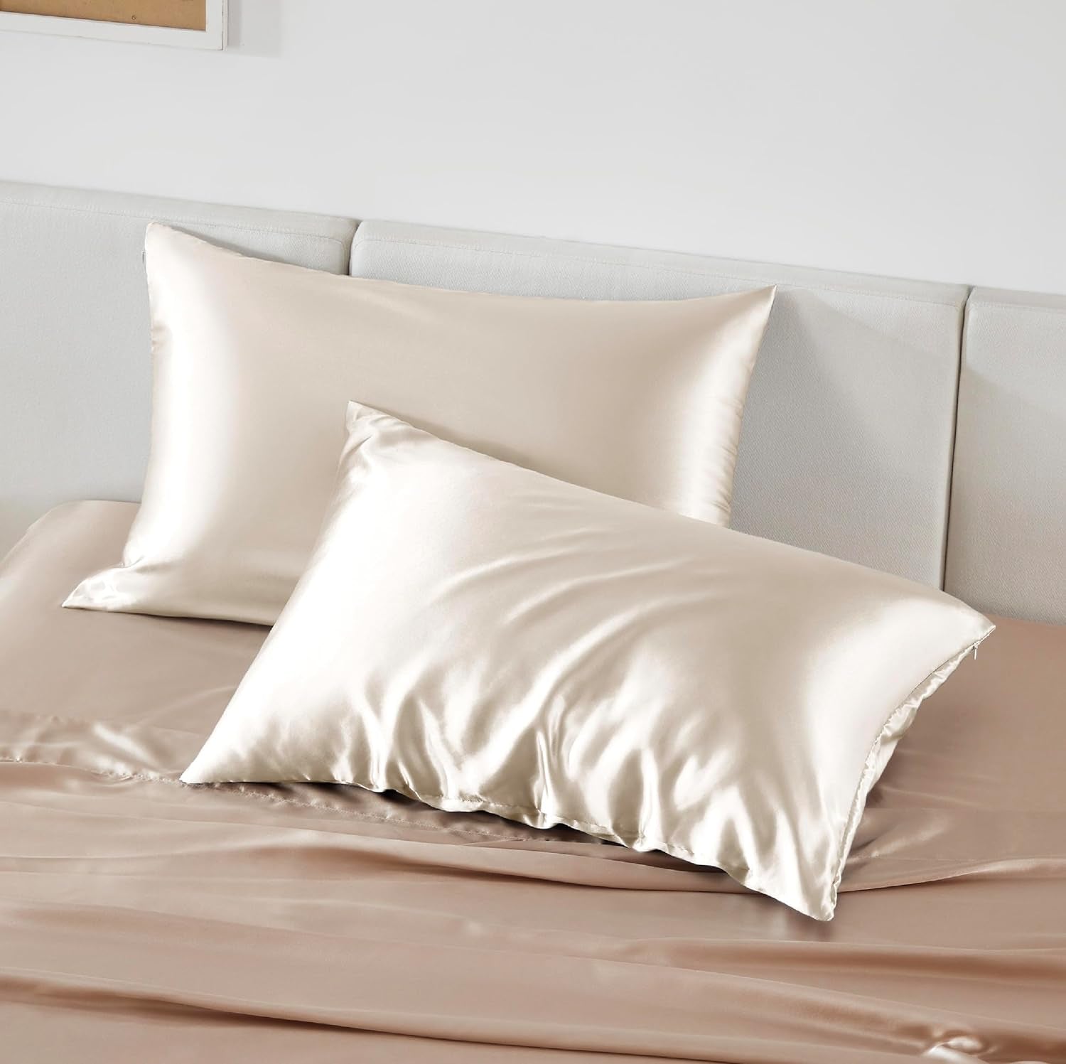 Satin Pillowcase for Hair - Beige Satin Pillow Cases Standard Size with Zipper 2 Pack, Similar to Silk Pillow Cases for Skin, Silky & Soft, Gifts for Women Men, 20X26 Inches