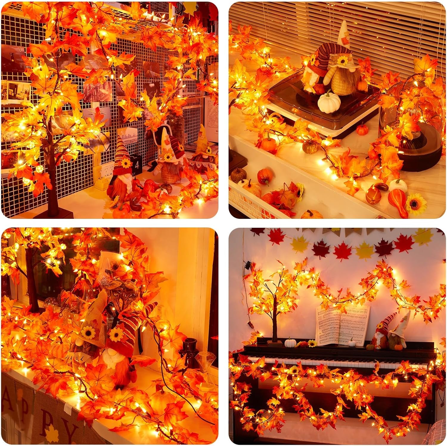 Fall Decorations for Home 9FT Plug in Thanksgiving Lights Lighted Fall Garland 50 Bulbs Maple Leaves Lights, Connectable Fall Light for Indoor Outdoor Halloween, Thanksgiving, Holidays Decorations