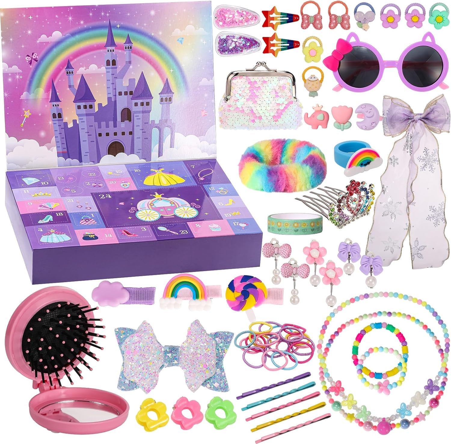 Advent Calendar 2025, Christmas Countdown Calendar 24 Days Surprise Xmas Gift Box Including Hair Accessories, Glasses, Necklace, Ring, Bracelet, Mirror