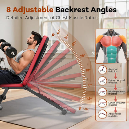 Basic Weight Bench for Home Gym, 8 Backrests Adjustable Bench with 660LBS Weight Capacity for Chest Shoulders Arms Muscles, Foldable and Compact for Small Space Apartment Room
