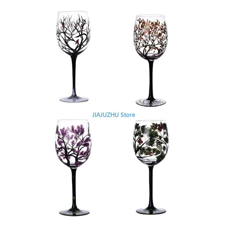 066E Four Seasons Tree Wine Glass Hand-Painted Art Glassware Unique Glasses Drinkware for Home Office Decorative Gift Cups