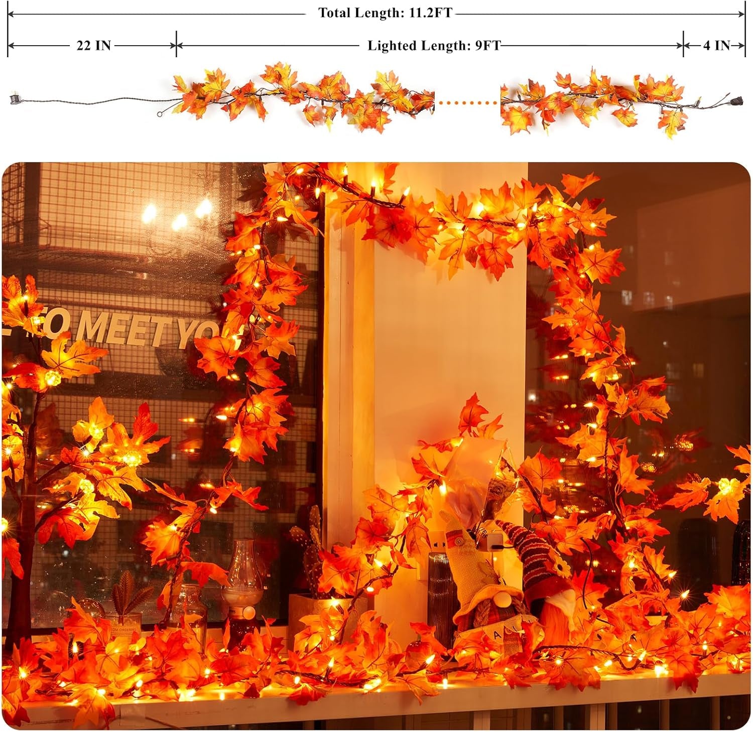 Fall Decorations for Home 9FT Plug in Thanksgiving Lights Lighted Fall Garland 50 Bulbs Maple Leaves Lights, Connectable Fall Light for Indoor Outdoor Halloween, Thanksgiving, Holidays Decorations